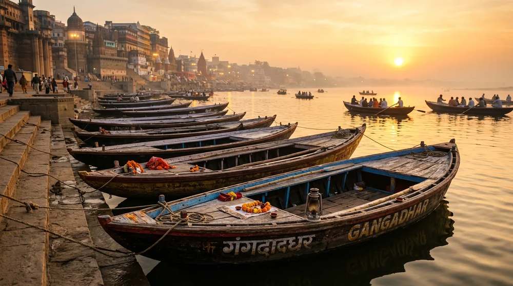 वाराणसीच्या गंगा घाटांवर सूर्योदय व होड्या